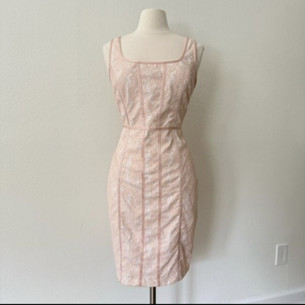 Cache Vintage Pink & White Lace Sheath Dress Sleeveless Scoop Neck Satin Trim- 8